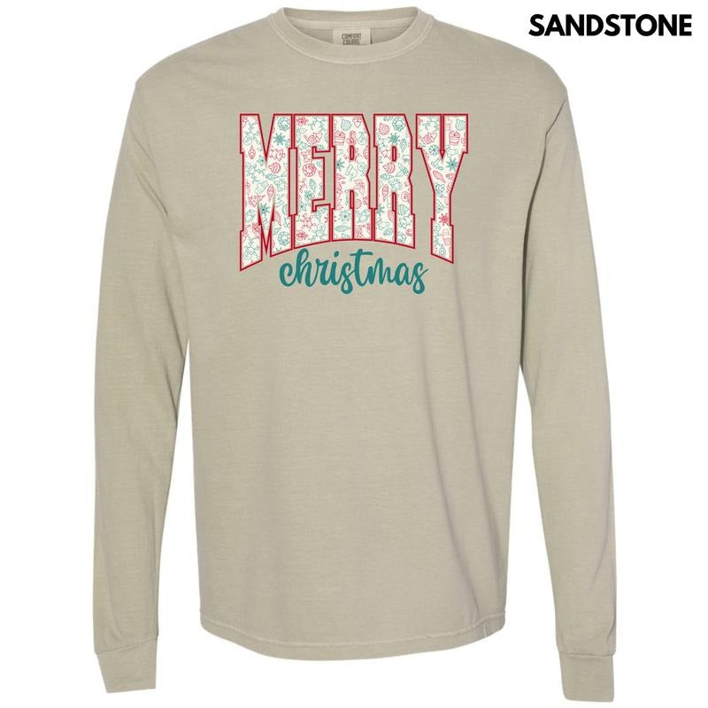 Doodle Merry Christmas Long Sleeve Comfort Colors T-Shirt 'NLB' Hoodie, Sweatshirt | ZylaModa.com