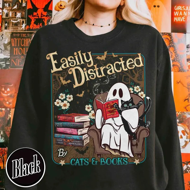 Easily Distracted Cats and Books Sweatshirt, Books and Black Cats Shirt, Ghost Reading Books Shirt, Halloween Little...