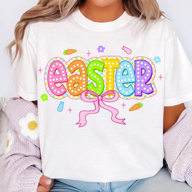 Easter Checkered Coquette T-Shirt, Easter T-Shirt, Easter Bow T-Shirt, Retro Easter Kids T-Shirt, Girls Easter T-Shirt,...