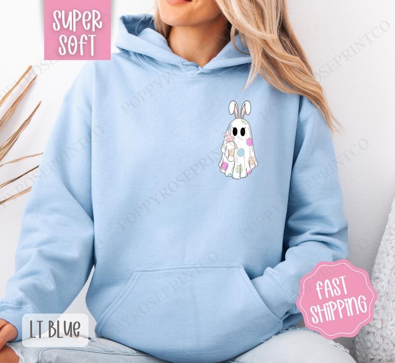 Easter Ghost Hoodie, Women's Crewneck, Cute Easter Women's Hooded Sweater T-Shirts, Sweatshirt | ZylaModa.com