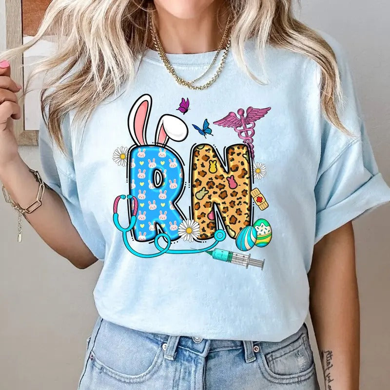 Easter RN Shirt - Cute Nurse T-Shirt with Bunny & Leopard Print - Spring Healthcare Tee Hoodie, Sweatshirt | ZylaModa.com