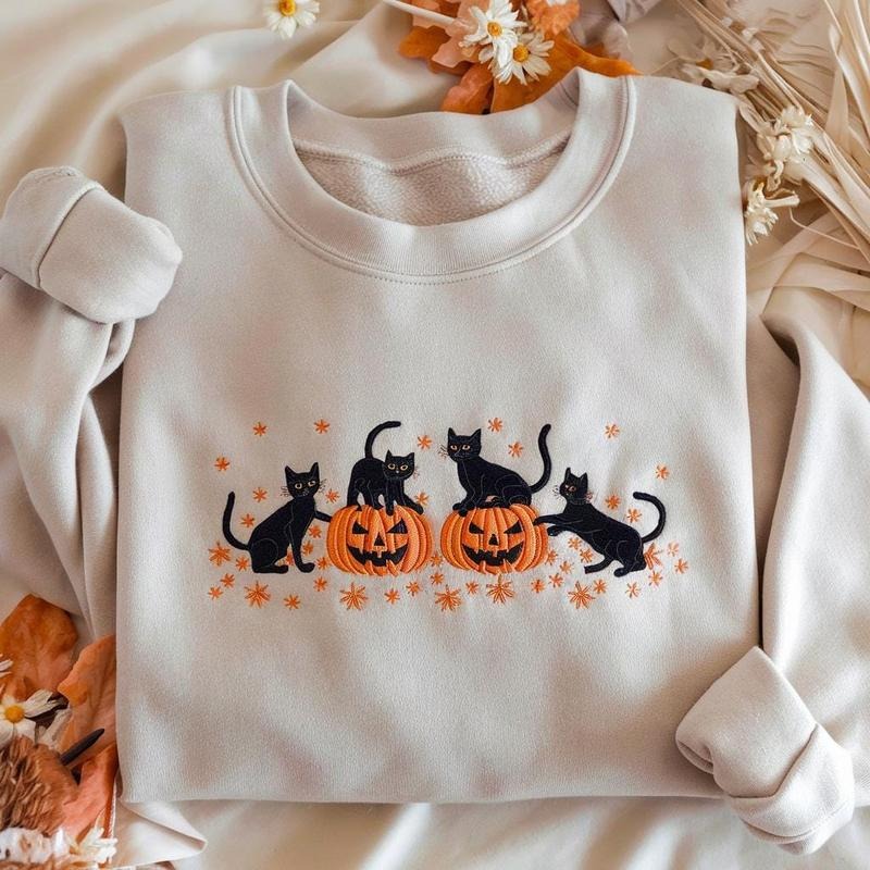 Embroidered Halloween Black Cat Sweatshirt, Pumpkin Fall Sweater, Halloween Crewneck, Cute Autumn Spooky Season, Bat Tee...