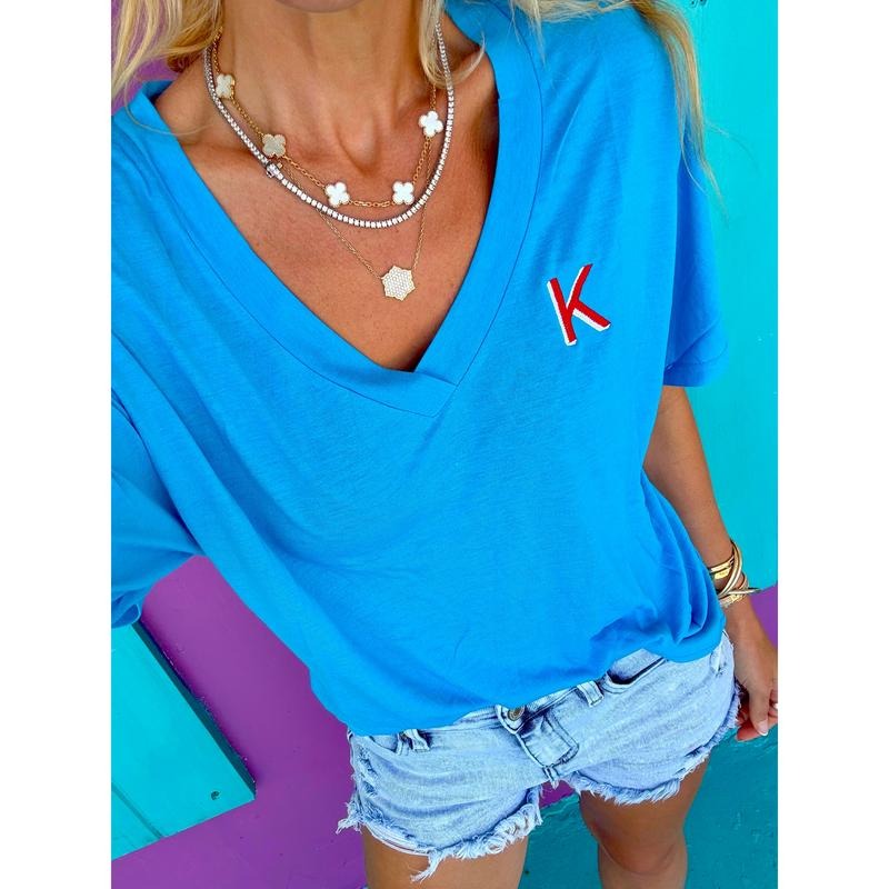 Embroidered Initial Blue V-Neck Tee Hoodie, Sweatshirt | ZylaModa.com