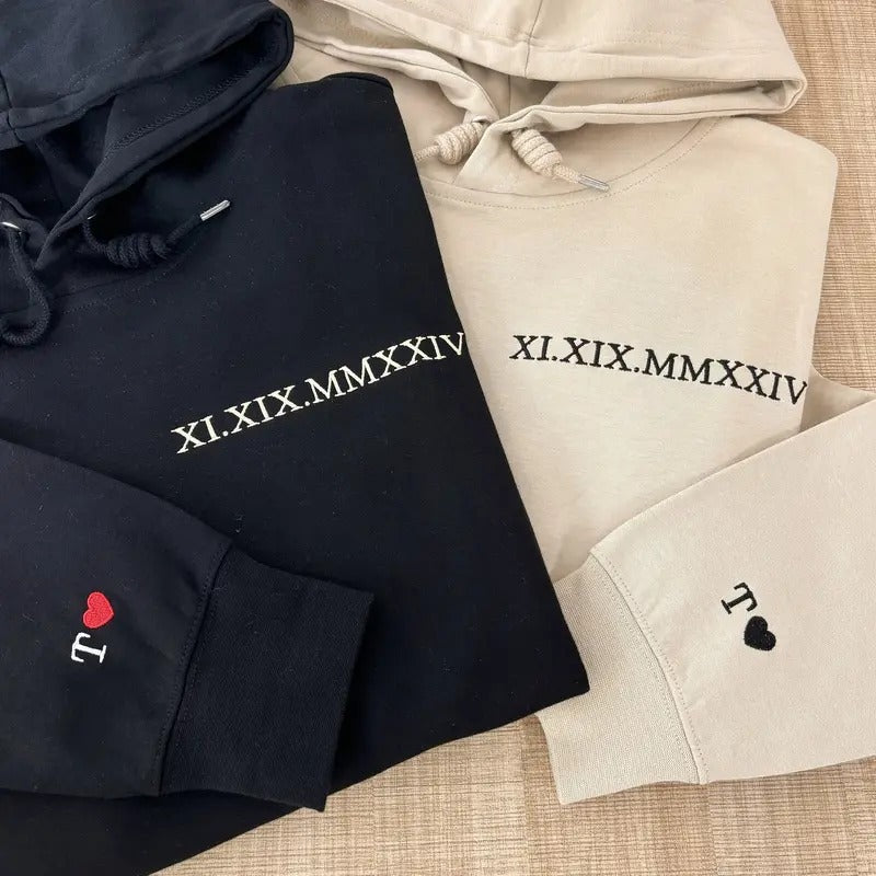 Embroidered Roman Numerals Hoodie, Date Couple Sweatshirt, Initials on Sleeve T-Shirts | ZylaModa.com