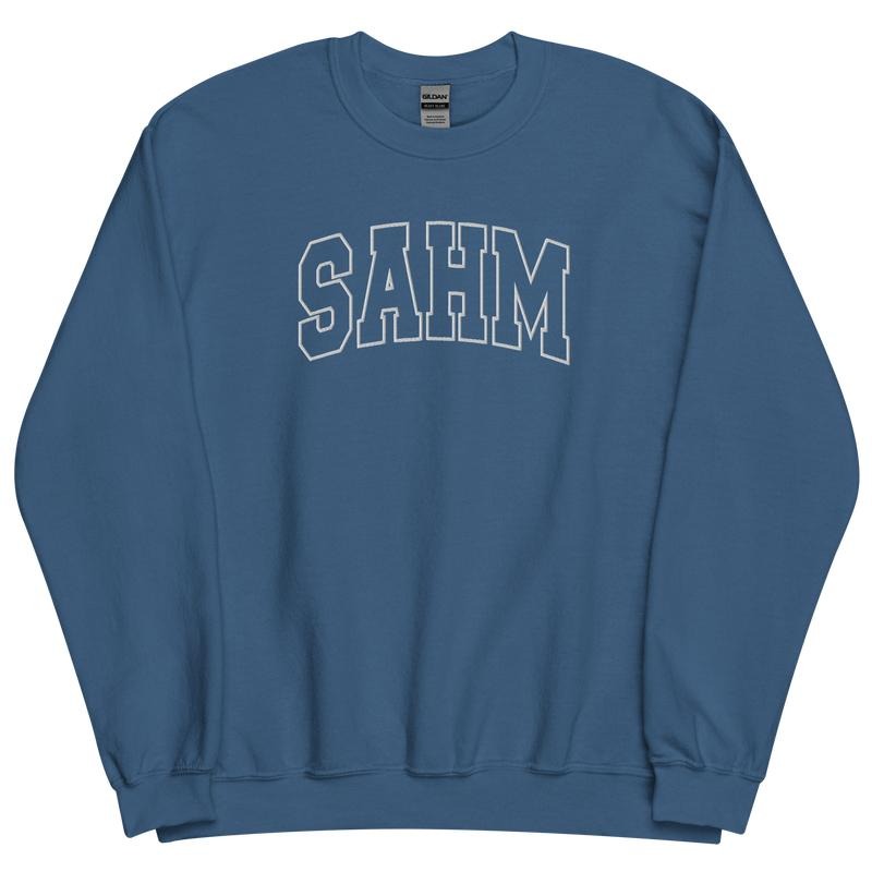 Embroidered White Thread SAHM Varsity Sweatshirt - Sweatshirt Unisex Apparel Relaxed Fit Printed in the USA Clothing...