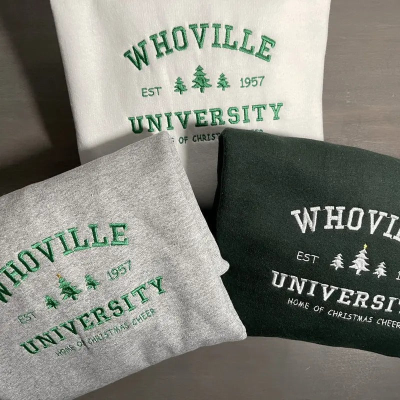 Embroidered Whoville University Sweatshirt - Cozy Christmas Sweater - The Grinch T-Shirts, Hoodie | ZylaModa.com