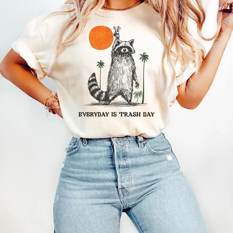 Everyday Is Trash Day Raccoon Meme Tshirt, Retro Sunset Tee, Cool Style Raccoon Shirt, Distressed Meme T-Shirt,Funny...