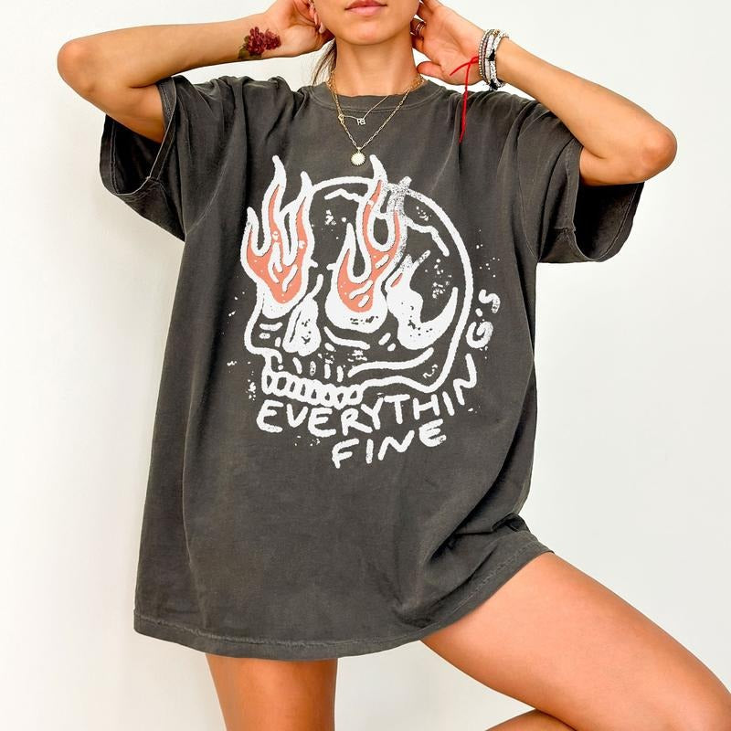 Everythings Fine Skeleton Comfort Color Shirt, Retro Rockn Roll Skeleton Shirt, Sarcastic Halloween Shirt, 90s Grunge...