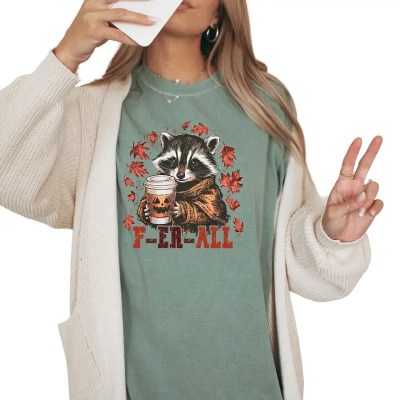 F-Er-ALL Raccoon Uniszed Sizing T-Shirt for Women, Causal Short Sleeve Shirt, Funny Fall Raccoon Vintage Style Graphic...