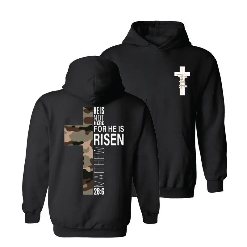 Faith Hoodie, He Is Risen Christian Easter Bible Verse Brown Camo Cross Hoodie, Camo Cross Design with Philippians Verse,...