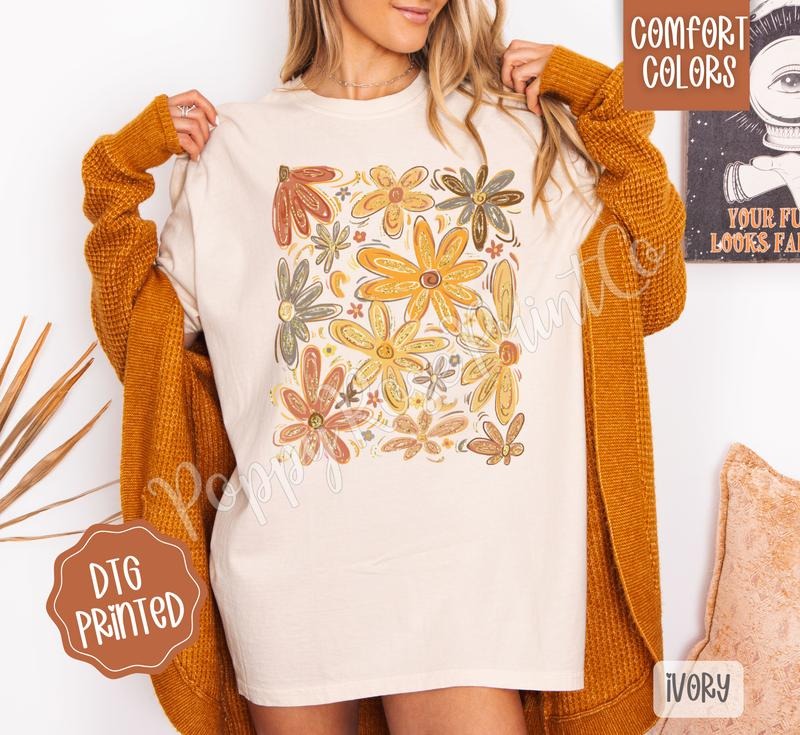 Fall Boho Floral Shirt Comfort Colors, Trendy Women's Graphic Tshirt Hoodie, Sweatshirt | ZylaModa.com