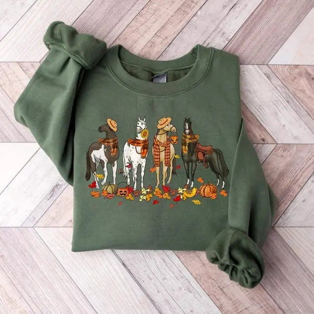 Fall Horse Sweatshirt, Horse Crewneck Sweatshirt, Horse Farm Animals Shirt, Autumn Pullover Hoodie | ZylaModa.com
