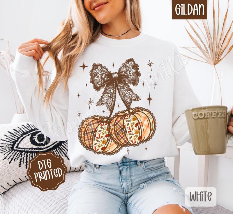 Fall Pumpkin Cherries Sweatshirt, Trendy Autumn Bow Crewneck T-Shirts, Hoodie | ZylaModa.com
