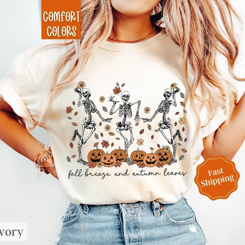 Fall Skeleton Shirt Comfort Colors, Halloween Tshirt,  Fall Vibes Shirt for Women Oversized Crewneck Tee Hoodie, Sweatshirt