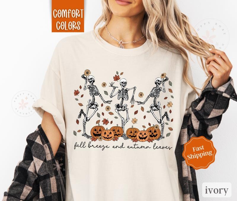 Fall Skeleton Shirt Comfort Colors, Halloween Tshirt,  Fall Vibes Shirt for Women Oversized Crewneck Teestyle{n002}2...