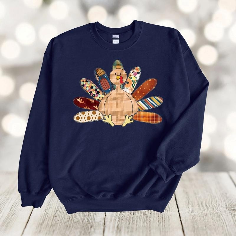 Fall Sweatshirt, Patchwork Turkey Hoodie, Thanksgiving Turkey, Faux Patchwork Tee, Quilted Turkey Sweatshirt | ZylaModa.com