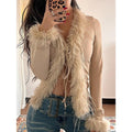 Faux Fur Fuzzy Long Sleeve Top Mesh Lace Open Front Y2K Tee Shirts Hoodie, Sweatshirt | ZylaModa.com
