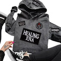 Faux Patch "Healing Era, Hopeless, Damaged, Broken, Stronger, Into the Fire" Goth-Inspired Hoodie | Menswear & Womenswear...