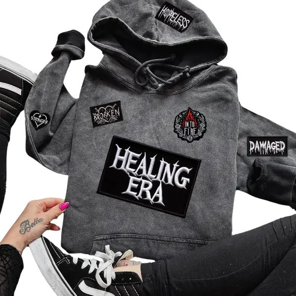 Faux Patch "Healing Era, Hopeless, Damaged, Broken, Stronger, Into the Fire" Goth-Inspired Hoodie | Menswear & Womenswear...