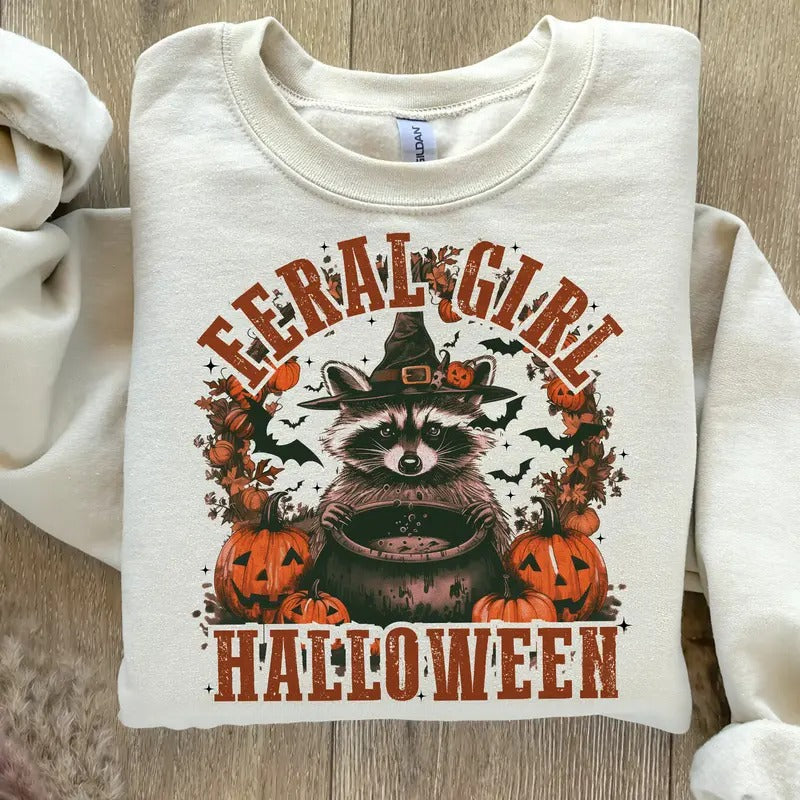 Feral Girl Halloween Sweatshirt, Feral Sweatshirt, Funny Halloween Sweatshirt, Raccoon Halloween Sweatshirt, Funny...