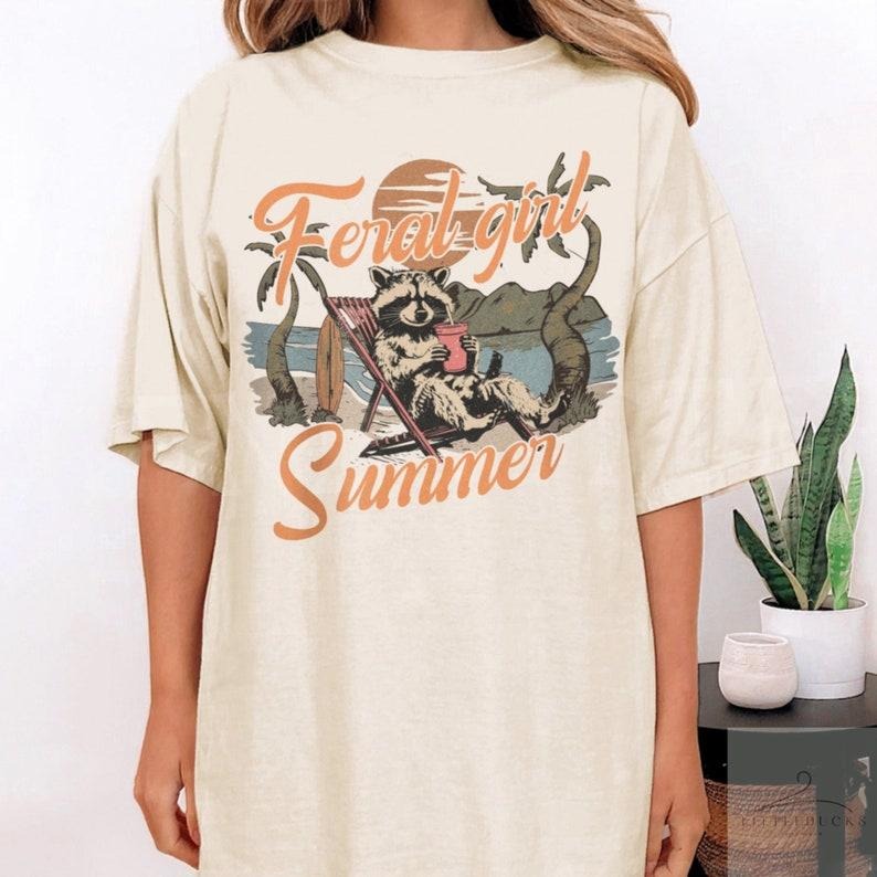 Feral Girl Summer Raccoon Shirt - Cute Raccoon Design, Lightweight Cotton, Funny Meme T-Shirt for Women Hoodie, Sweatshirt
