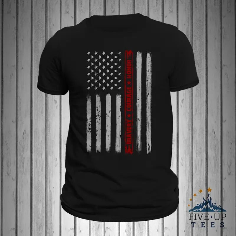 Firefighter Bravery Courage Honor Thin Red Line Vertical Flag Men's T-Shirt Casual Crewneck Hoodie, Sweatshirt | ZylaModa.com