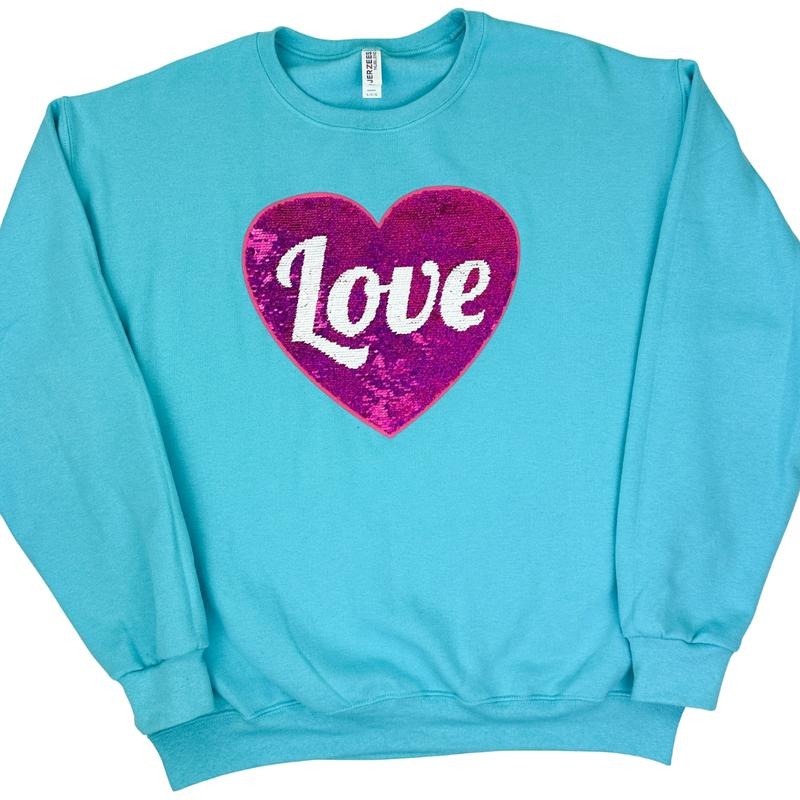 Flip Sequin Heart Patch Sweatshirt -- SCUBA BLUE T-Shirts, Hoodie | ZylaModa.com