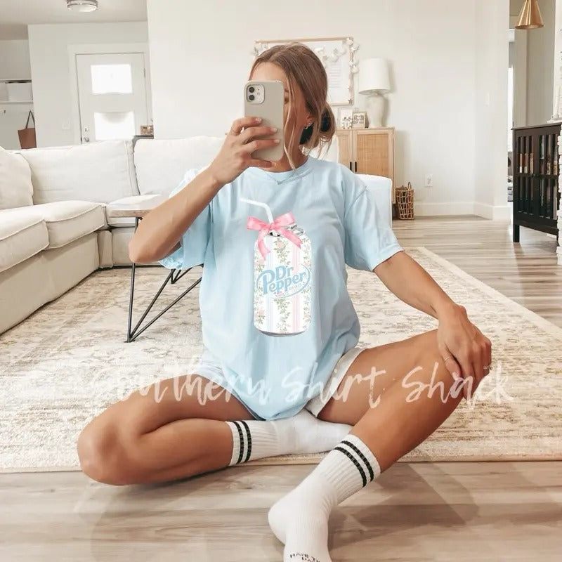 Floral Bows Dr Pepper t shirt | light blue comfort colors shirt Hoodie, Sweatshirt | ZylaModa.com