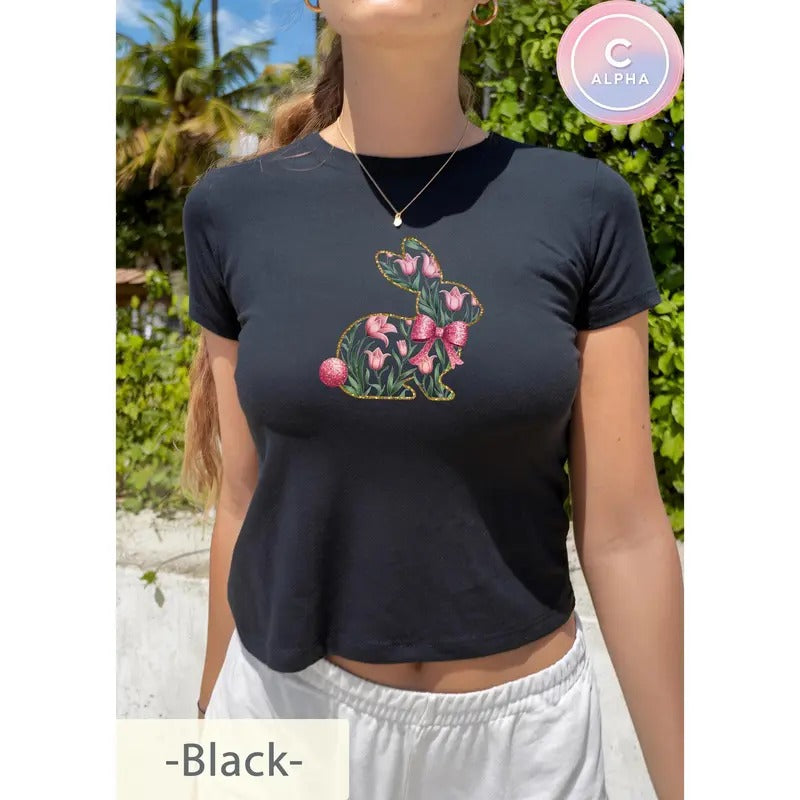 Floral Bunny Baby Tee Y2K Cute Easter  Spring Bunny Shirt Tulip Rabbit Shirt Aesthetic Easter Tee Pastel Bunny flower Top...