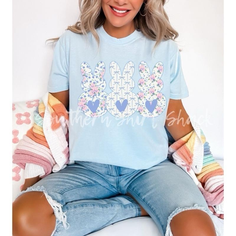 Floral Bunny Trio T shirt  | Light Blue comfort colors t shirt | Easter T shirt Hoodie, Sweatshirt | ZylaModa.com