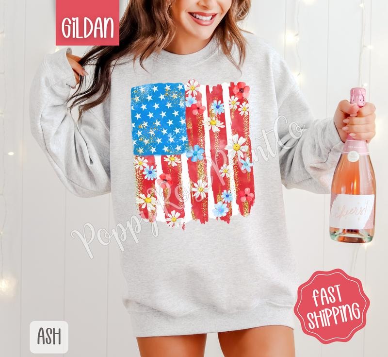 Floral Flag Sweatshirt, Cute Patriotic Sweater, Women's Crewneck, Gift for Her T-Shirts, Hoodie | ZylaModa.com