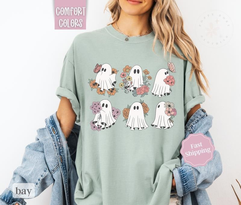 Floral Ghost Shirt Comfort Colors, Boho Floral Halloween Shirt, Cute Ghost Tee Hoodie, Sweatshirt | ZylaModa.com