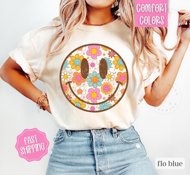 Floral Happy Face Shirt Comfort Colors, Summer Floral Shirt, Oversized Women's shirt, Swimsuit Cover Hoodie, Sweatshirt