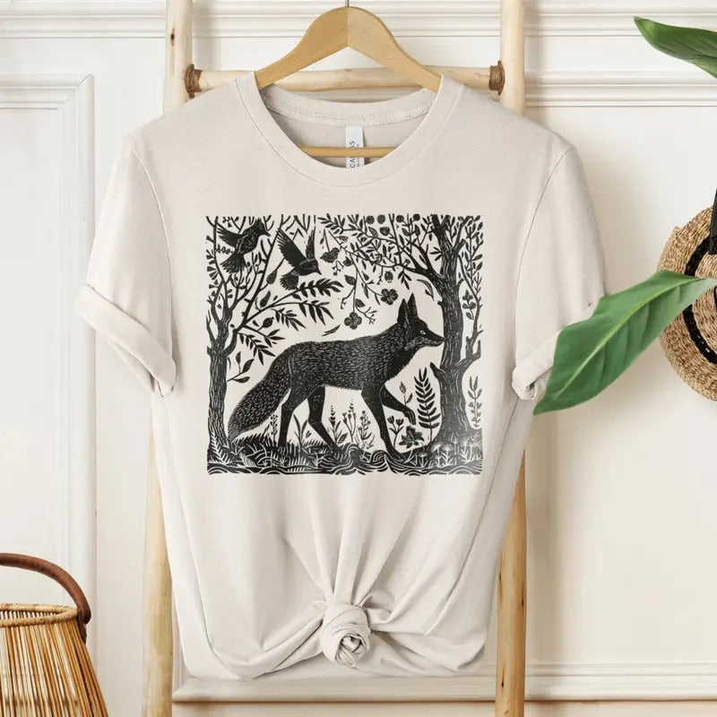 Folklore Forest Fox Lino Print Shirt - Folk Art Linocut Fox T-Shirt Hoodie, Sweatshirt | ZylaModa.com