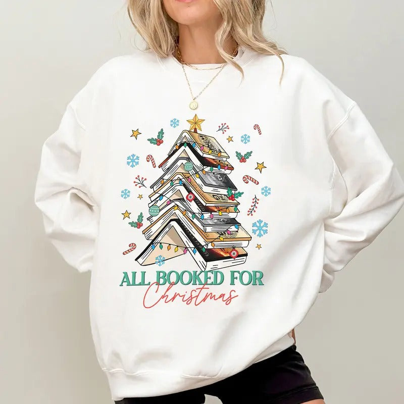 Fourth Wing All Booked For Christmas Shirt, Bookworm Christmas Sweater, Christmas Book Tree Sweatshirt, Booktok...
