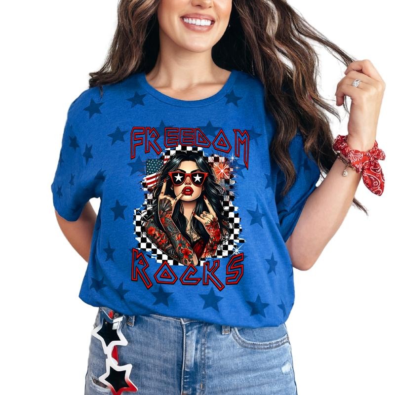 Freedom Rocks Independent Day Star TShirt,  Womenswear Streetwear Summer Gothic Fashion Shortsleeve Cotton Hoodie, Sweatshirt