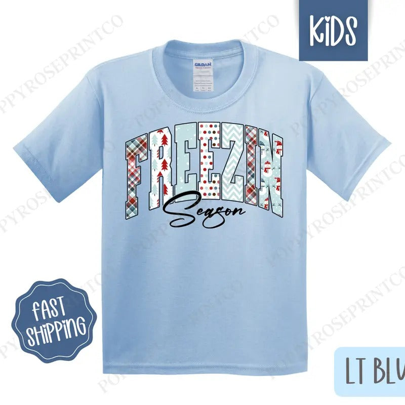 Freezin' Season Kids Shirt - Cute Winter Children's Tshirt - Youth Winter Tee Gildan Hoodie, Sweatshirt | ZylaModa.com