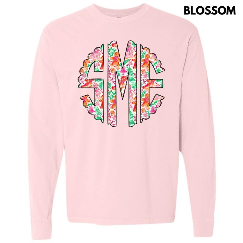 Fun Gingerbread Christmas Monogram Long Sleeve Comfort Colors T-Shirt 'NLB' Hoodie, Sweatshirt | ZylaModa.com