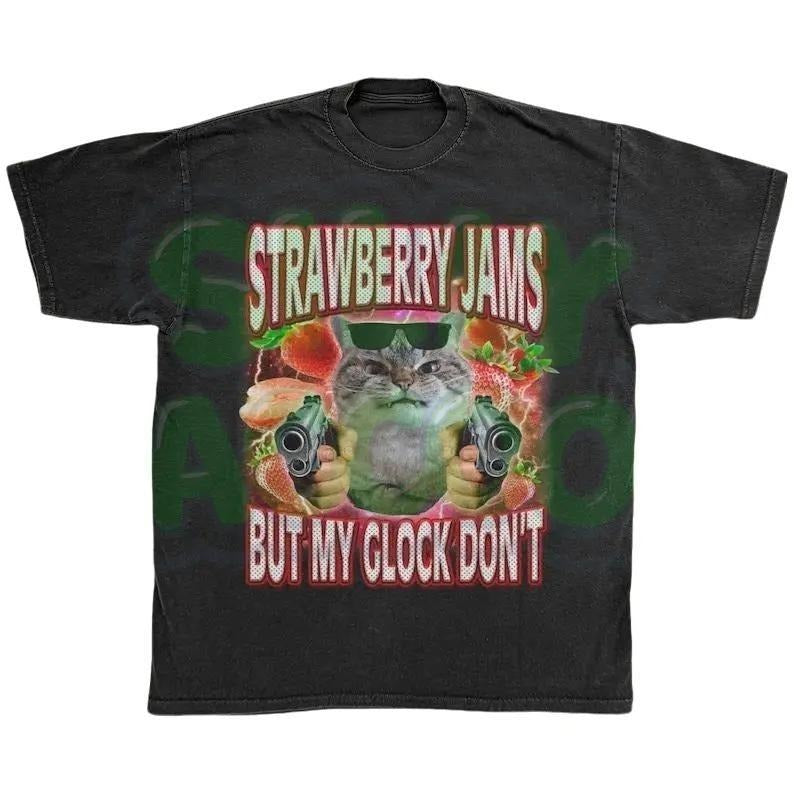 Funny Cat Meme Pun T-Shirt, Strawberry Jams But My Glock Don't, Gangster Cat Graphic Tee, Ironic Retro Tee, Dank Meme...