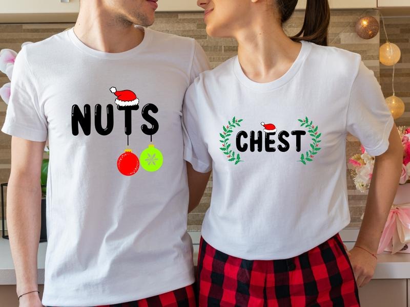 Funny Christmas 2023 Couples Shirt, Chest And Nuts Christmas T-Shirt, Matching Parents X-mas Party Tee, His and Hers...