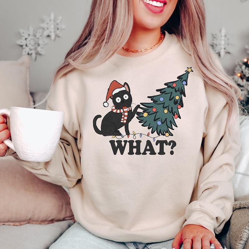 Funny Christmas Cat Crewneck Sweatshirt, Hoodie, T-shirt | ZylaModa.com