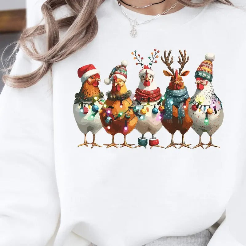 Funny Cute Christmas Chickens Sweatshirt, Xmas Farm Sweater, Cute Christmas Chicken Tee, Cute Women Xmas Gift, Cozy...