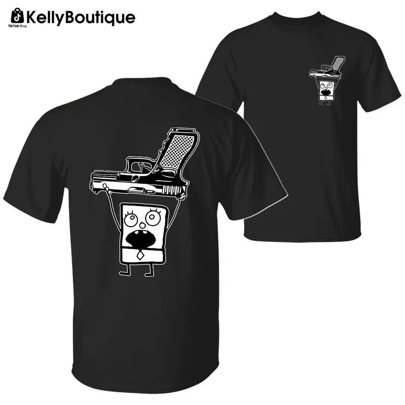 Funny Doodlebob Holding a Glock 2 Sided Graphic Printed Unisex Classic Cotton T-shirt Sweatshirt Hoodie | ZylaModa.com
