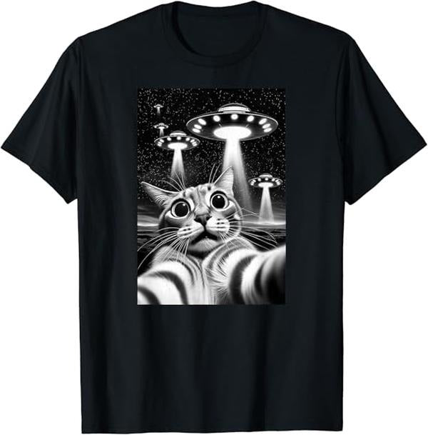 Funny Meme Shirts For Men, Funny Invasion Meme Retro Alien Cat UFO Selfie T-Shirt Menswear Top Hoodie, Sweatshirt