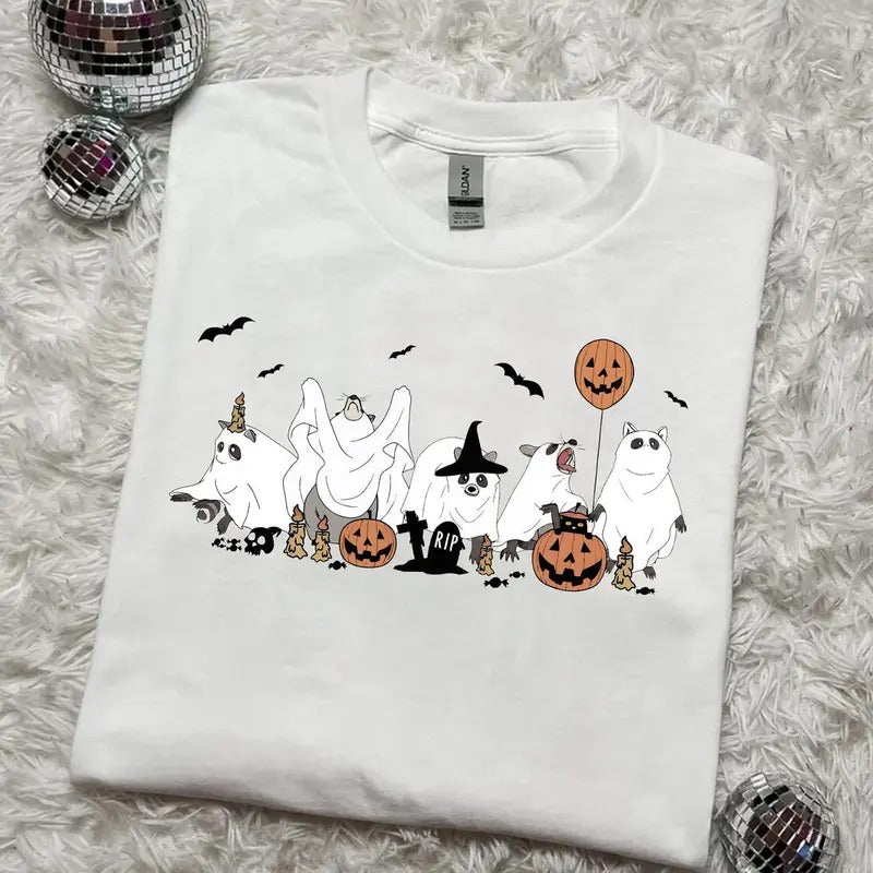Funny Racoon Ghost Halloween Shirt, Retro Halloween Shirt , Spooky Season Cute Halloween Shirt Cotton Menswear Hoodie,...