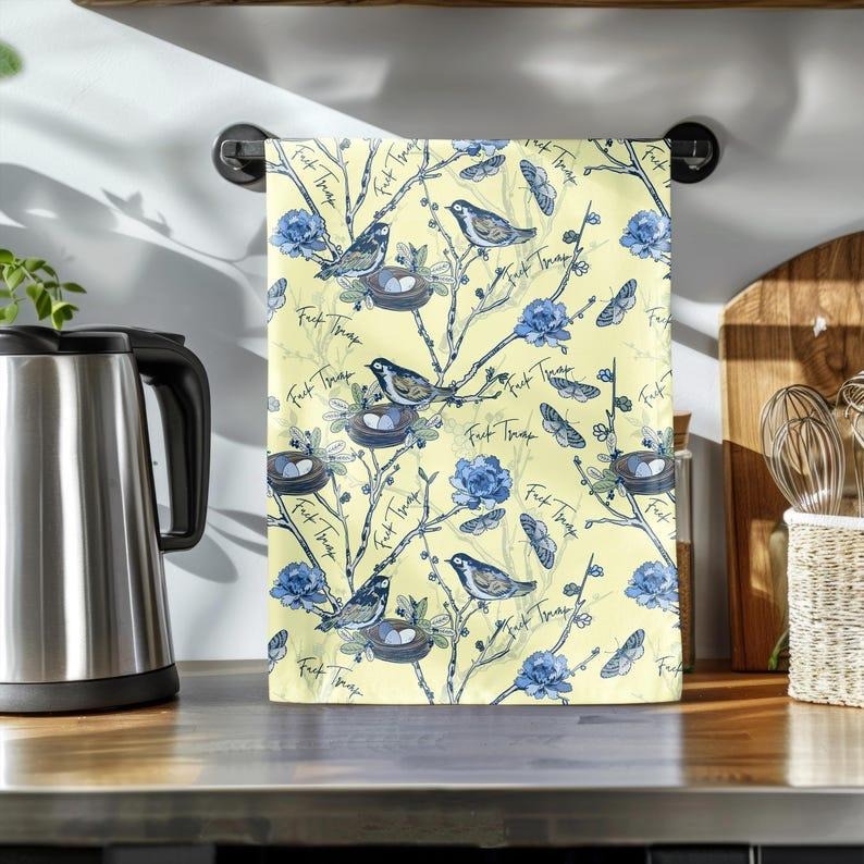 Funny Subtle F Trump Chinoiserie French Toile Tea Towels, Anti Trump Mother's Day, Kitchen Decor, Housewarming Gift,...