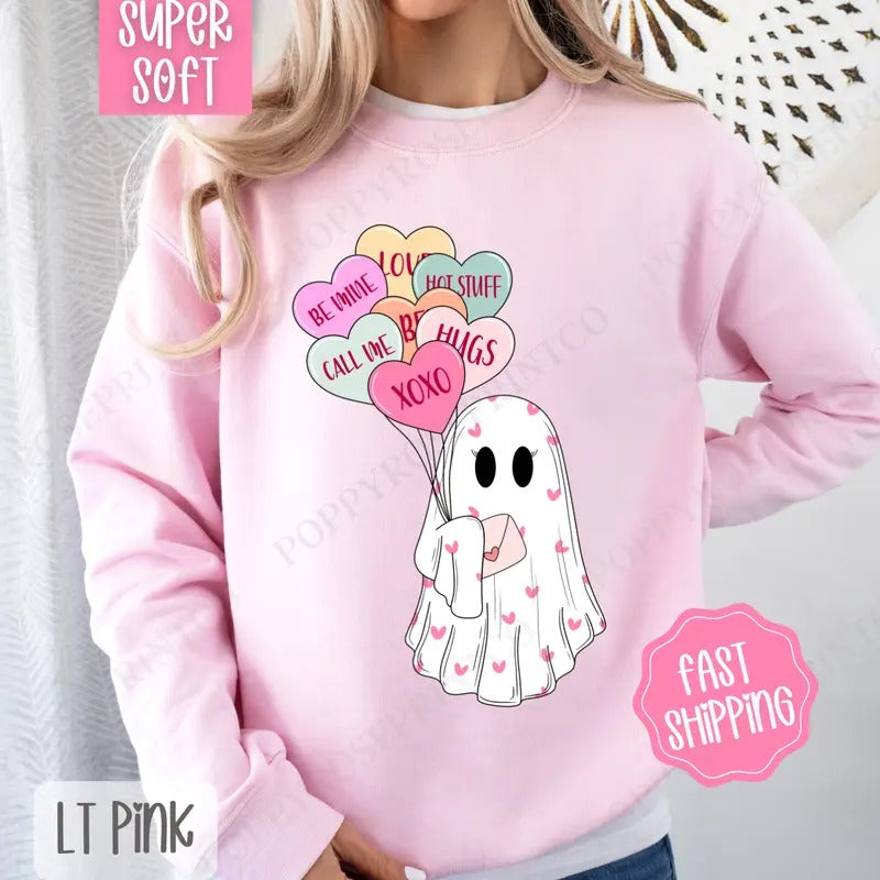 Ghost Valentine Sweatshirt, Valentine's Day Crewneck, Cute Women's Sweater T-Shirts, Hoodie | ZylaModa.com