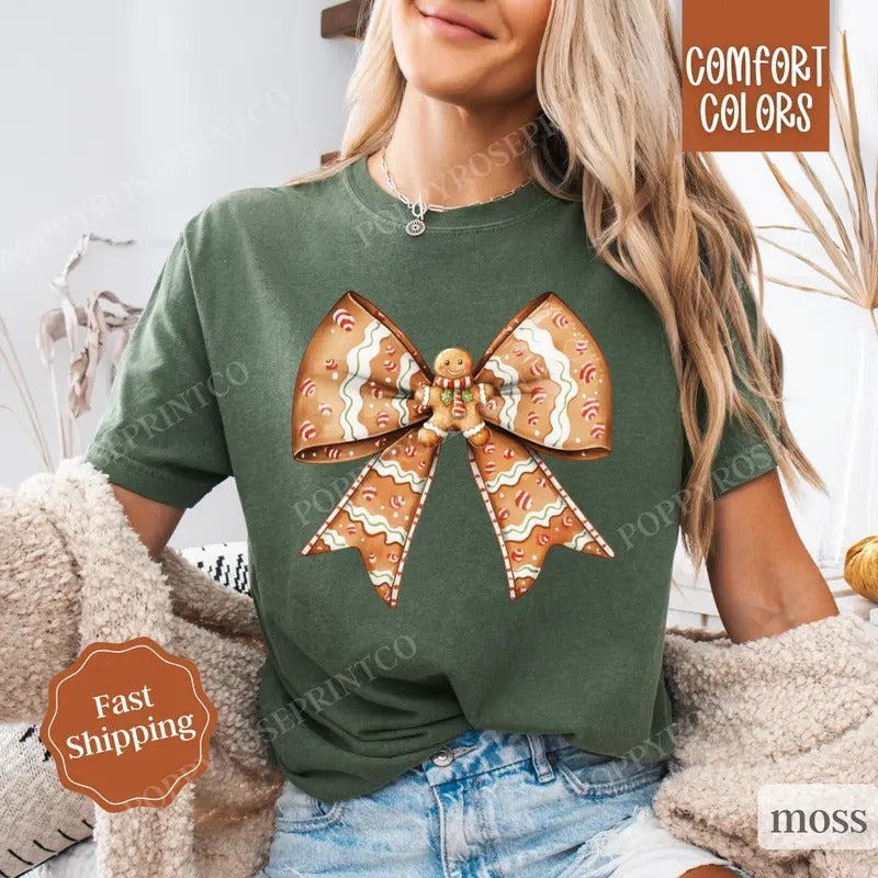 Gingerbread Man Bow Shirt Comfort Colors Holiday Tshirt,  Women's Holiday Tee Hoodie, Sweatshirt | ZylaModa.com