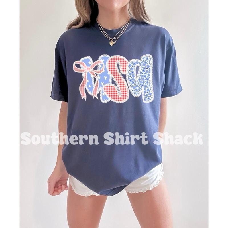 Gingham & Stars Shabby Chic USA t shirt  | Denim comfort colors t shirt | 4th of July T shirt Hoodie, Sweatshirt