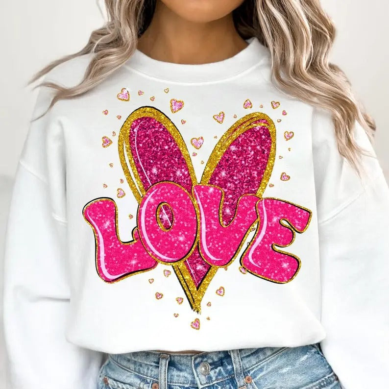 Glitter Valentine Love Sweatshirt, Valentine Heart Sweatshirt, Love Heart Sweatshirt, Glitter Valentine Sweatshirt,...